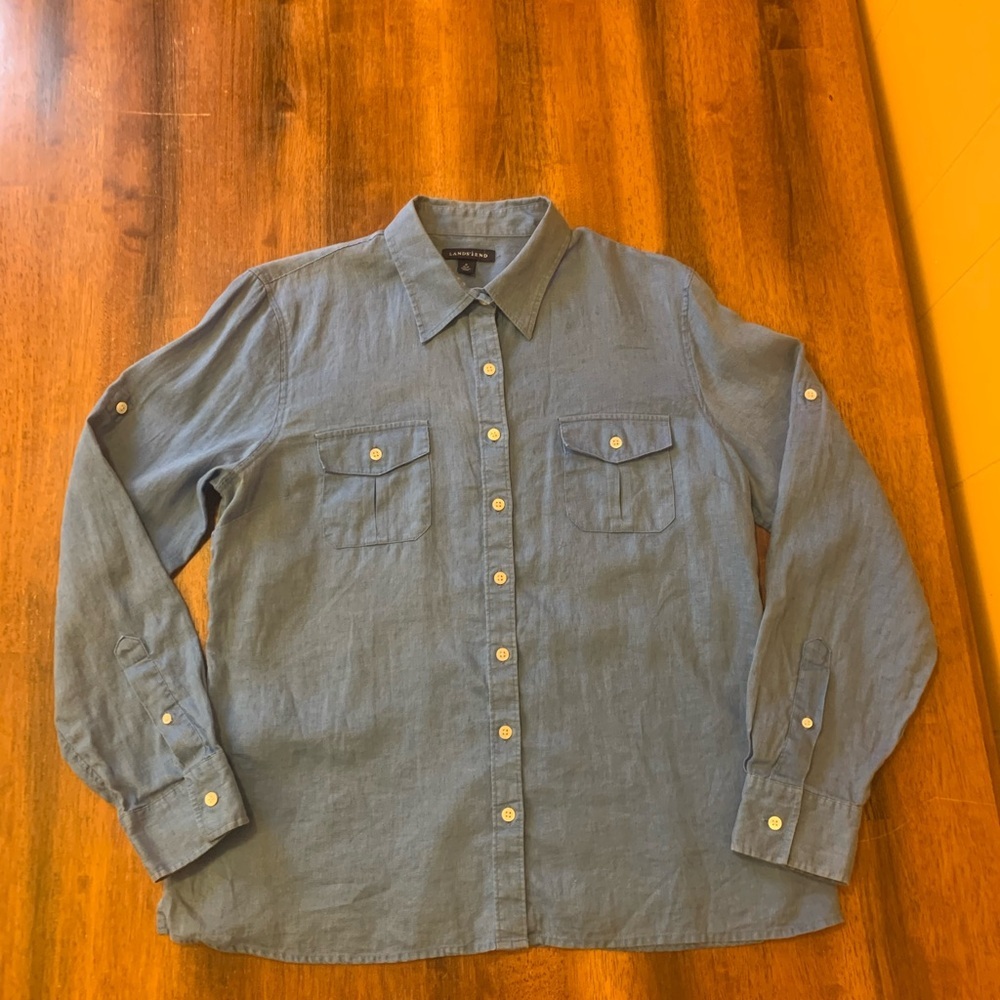 Lands' End MediumBlue Casual Button Down Shirt 100%Linen Relaxed Fit Sleeve tabs